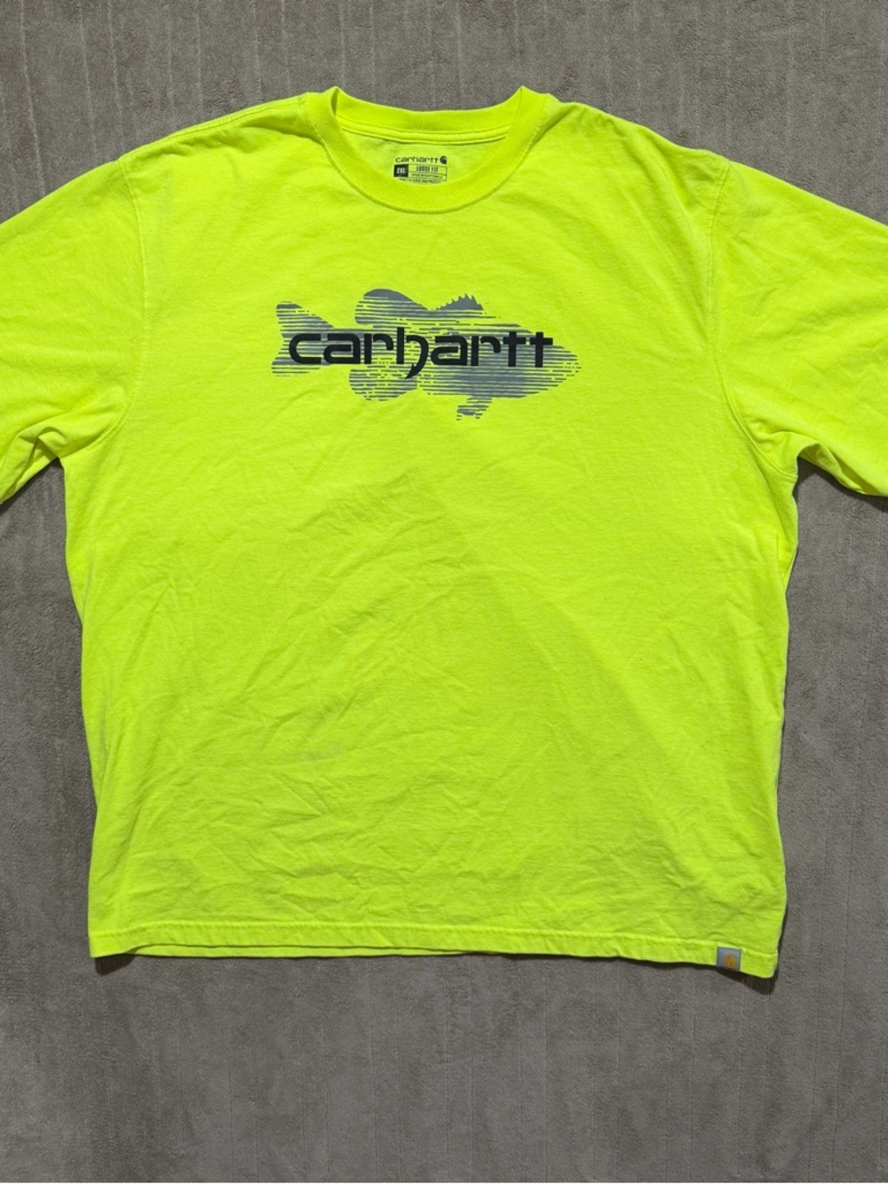 Men’s Carhartt XXL T-Shirt Neon Yellow Cotton Fish Loose Fit Workwear Outdoors